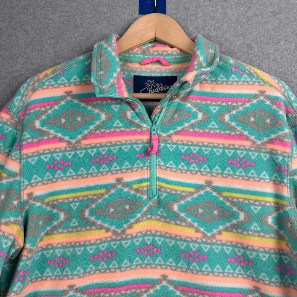 Chubbies Fleece Pullover Mens Medium Teal Aztec Geometric 1/4 Zip Southwestern